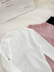 Genkimix Kids 3件套女童纯色罗纹荷叶边长袖高领T恤，白色、黑色、粉色组合，百搭秋季内搭