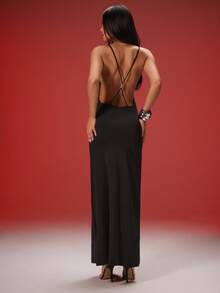 Denimoi X Detail Low Back Scoop Neck Maxi Dress Sexy Dress GNO Statement Dress - Black - View 6