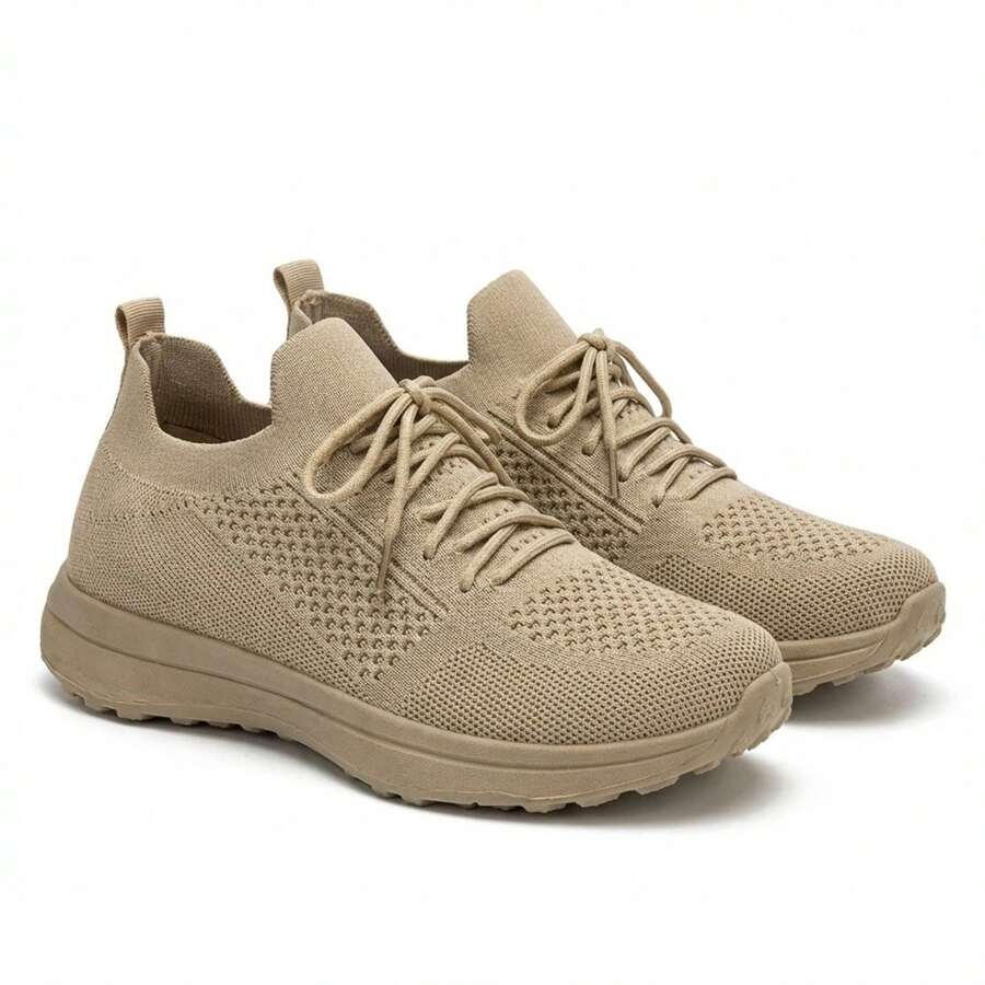 Mujer Zapatillas Deportivas De Tejido De Punto Transpirable Con Cordones Suela Gruesa Caqui - Caqui - Ver 1