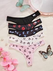 Eraneu 5条/包 舒适印花丁字裤，情人节