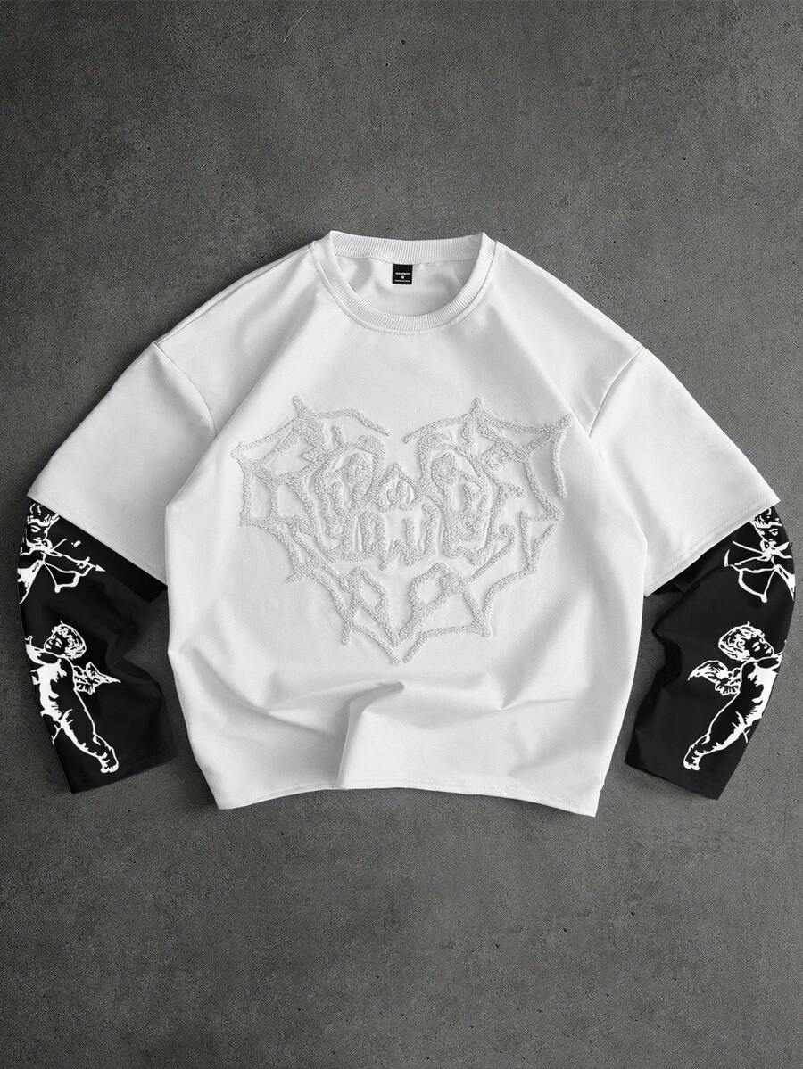 PAVTROS Men's Street-Style Popular INS Matching Angel Cupid Print Embroidered Heart Outdoor Music Festival Nightclub Boyfriend Husband Gift Anniversary Gift 2 In 1 T-Shirt Graphic Crop Top Men Graphic Crop Sweatshirt Men Mens Graphic Cropped Top White Graphic Crop Hoodie Cropped Graphic Street Hoodie Men - Multicolor - View 1