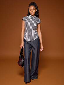 COUREZ 短袖不对称修身条纹衬衫 Y2K 春季性感外出上衣休闲街头风 - 黑色 - 查看 3