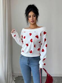 SHEIN Elenzya 优雅浪漫通勤情人节白色底红色爱心露肩卫衣 - 紅白色 - 查看 5