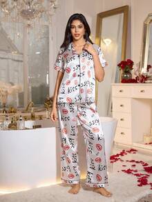 Fashionable Lip & Letter Print Faux Silk Lapel Collar Short Sleeve Pajama Set - White - View 5