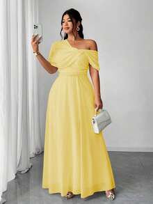SHEIN PETITE CURVE 大码女士优雅浪漫雪纺单肩开衩连衣裙，适合婚礼宾客、圣诞派对、新年庆祝活动 - 黃色 - 查看 3