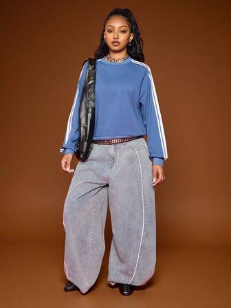 COUREZ Jeans holgados de globo de tiro bajo con detalle de pespunte en lavado azul claro/ Ropa de otoño e invierno Y2K para mujer, ropa de calle, ropa holgada y oversize, jeans holgados para salir, atuendo de fiesta de Año Nuevo