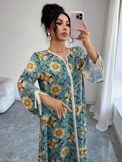Yasmyna Vestido Árabe Floral de Manga Longa com Decote em V e Solto para Mulheres