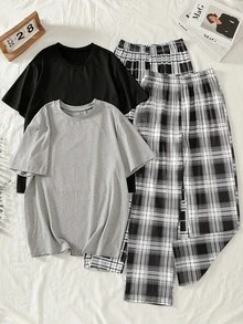 Genkimix Kids 4 件套青少年男孩睡衣套装，黑色和灰色格子短袖上衣和裤子组合，柔软舒适的休闲设计，有弹性且透气的针织面料，可机洗，（2 套单独出售）返校时尚 - 彩色 - 查看 1