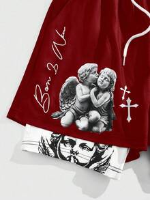 ROMWE MEN Goth 男士抽绳腰带天使十字印花休闲百搭日常户外运动短裤 - 紅色 - 查看 4