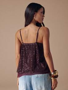 SHEIN BAE 秋冬纯色性感深V领深棕色亮片吊带女上衣，亮片女式吊带背心，秋冬汗衫，派对鸡尾酒会场合 - 棕色 - 查看 2