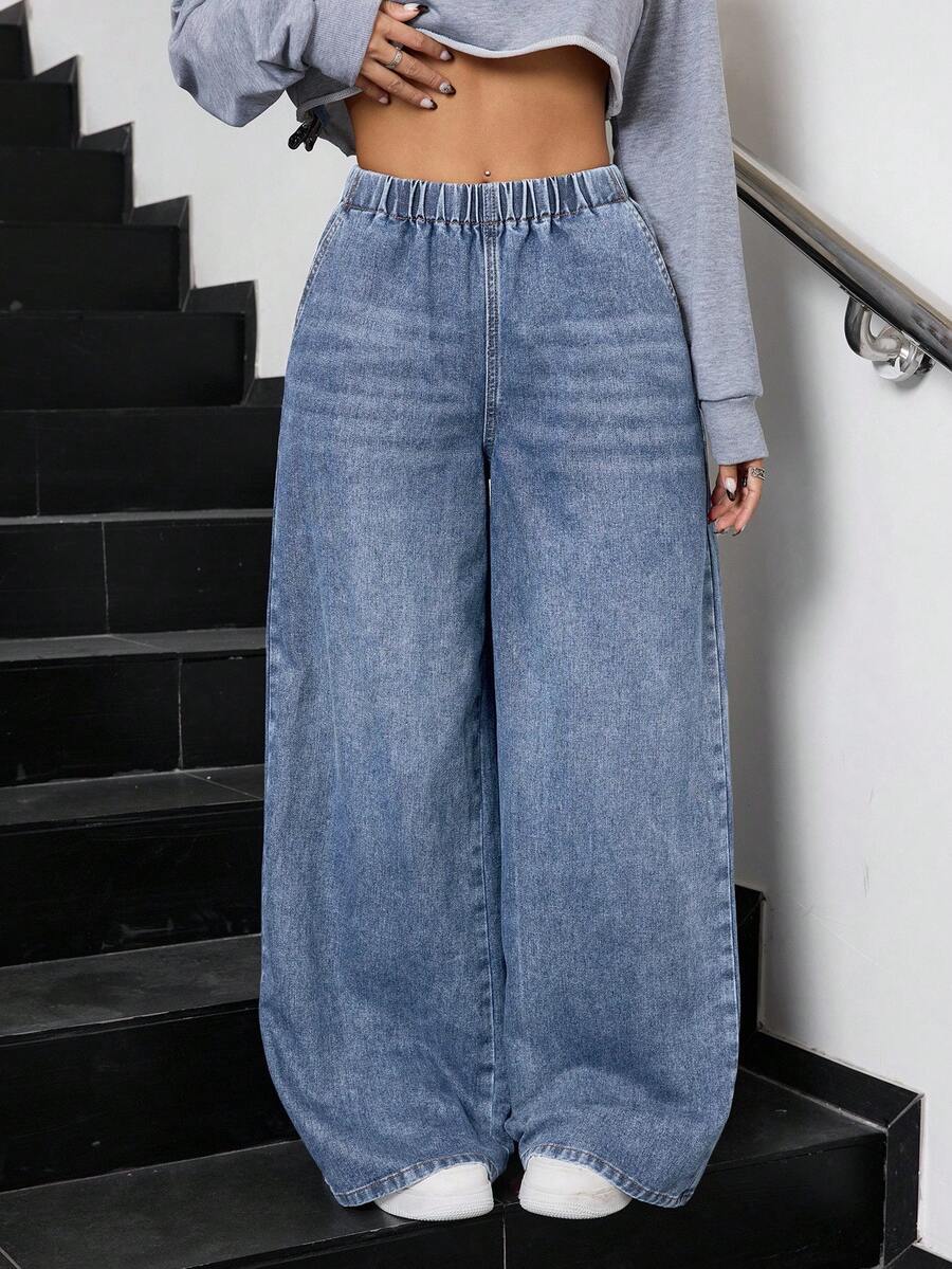 SHEIN Teen GirlLoose Straight Leg Blue Jeans - Medium Wash - View 1