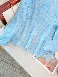 GlowEve CURVE Áo kiểu ren màu trơn thanh lịch dành cho người có vóc dáng lớn, thích hợp mặc đi làm. - Màu xanh nhạt - Xem 3