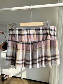 Comfortcana Chân váy xếp ly kẻ caro thường ngày cỡ lớn dành cho nữ, màu hồng, mùa thu/đông - Hồng - Xem 2