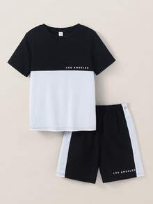 2pcs Tween Boy Black And White Patchwork Top And Shorts Set,College Style Summer Casual City Break Outfit For School,Commuting,Daily Wear And Sports - Black and White - View 3