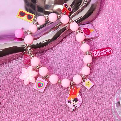 THE POWERPUFF GIRLS X SHEIN Yeni Çinko Alaşımlı Çizgi Film Desenli Boncuklu Bileklik, Rahat ve Sevimli, Parti, Konser ve Festival İçin Uygun