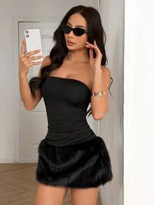 Aidyla Black Sleeveless Faux Fur Patchwork Mini Dress, Sexy & Youthful - Black - View 7
