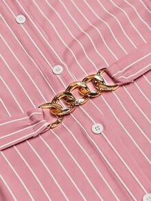 GlowEve CURVE 大码女式条纹长袖单排扣休闲/工作衬衫 - 粉色 - 查看 3