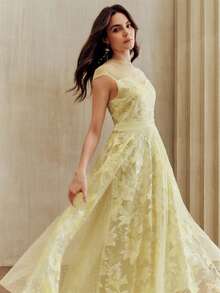 Anewsta Spring/Summer New Women's Birthday Party Gift Dress, Beaded Embroidered Sequin Polka Dot Mesh Round Neck Sleeveless Waist Cinched Ladies Dress - Yellow - View 5