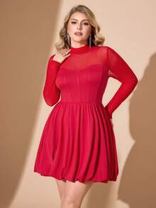 Hourglow Plus Size Women's Solid Color Round Neck Long Sleeve Mesh Fashion Dress/Autumn /Winter - Red - View 3