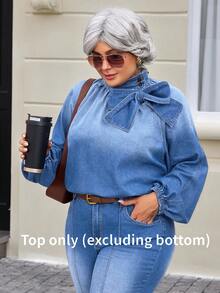 EMERY ROSE Áo sơ mi denim thắt nơ thời trang dành cho nữ cỡ lớn - Rửa nhẹ - Xem 4