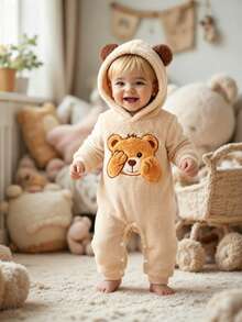 SHEIN 婴儿/幼儿男童可爱毛绒熊掌装饰长袖连体衣 - 杏色 - 查看 1