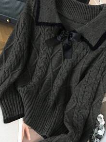 GlowEve CURVE 加大码优雅奢华灰色彼得潘领蝴蝶结修身长袖针织毛衣，厚款 - 灰色 - 查看 1