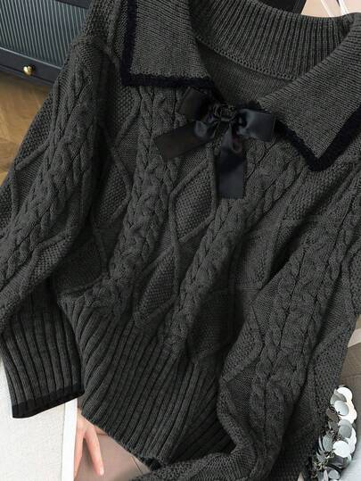GlowEve CURVE 加大码优雅奢华灰色彼得潘领蝴蝶结修身长袖针织毛衣，厚款