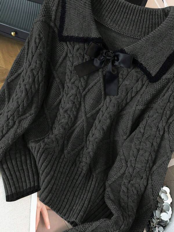 GlowEve CURVE 加大码优雅奢华灰色彼得潘领蝴蝶结修身长袖针织毛衣，厚款