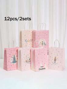 6/12/18个装，粉色圣诞印花系列牛皮纸袋，礼品袋，节日派对包装袋，手提袋，礼品袋 - 彩色 - 查看 9