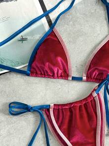 Swim Mod 2026春夏吊带拼接天鹅绒面料露背系带高衩比基尼两件套泳衣，女士天鹅绒比基尼，红蓝比基尼，运动比基尼套装，撞色比基尼，红色系带比基尼，蓝红色比基尼，度假比基尼，日光浴比基尼 - 彩色 - 查看 7