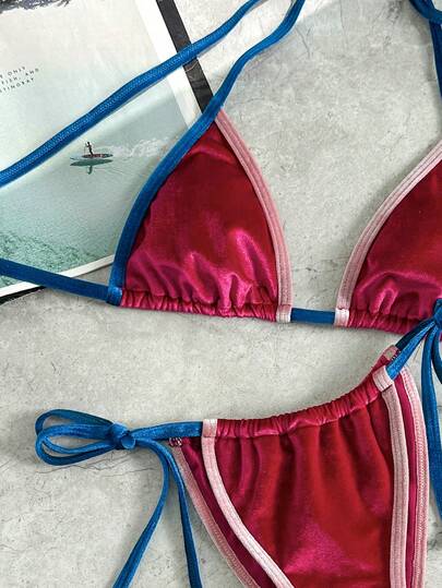 Swim Mod Bikini de 2 piezas con tirantes finos, patchwork de terciopelo, corte alto y lazo lateral para mujer, Primavera/Verano 2026