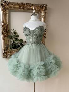 Lovelzi Elegant Luxurious Light Blue Crochet Lace & Satin Patchwork Handmade Embroidered Applique Waist Cutout Fitted Short Dress, Suitable For Dates, Singles Parties, Galas, Balls - Green - View 7