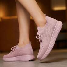 Mujer Zapatillas Deportivas De Tejido De Punto Transpirable Con Cordones Suela Gruesa Rosa - Rosa - Ver 4