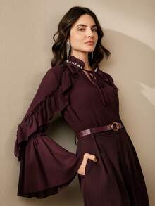 Anewsta Women's Elegant Flare Sleeve Round Neck Tie Waist Ruffle Trim Chiffon Blouse, Purple - Purple - View 3
