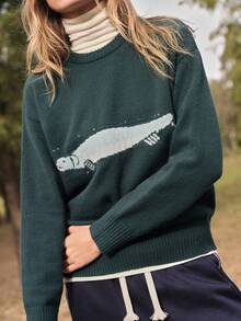 SHEIN In My Nature 常规版型长袖针织套头衫 - 綠色 - 查看 2