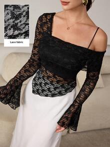 Modelyn Women's Sexy Asymmetric Shoulder Long Sleeve Asymmetrical Cropped Lace Sheer Flare Sleeve Blouse - Black - View 10