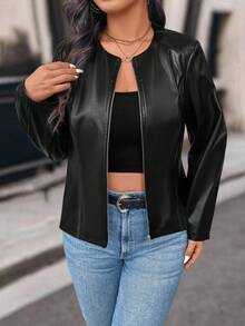 SHEIN Tall Tall Women Casual Street Style Cropped PU Leather Jacket - Black - View 5