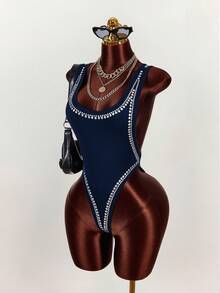 Amplova Sexy Rhinestone Embellished Backless Bodysuit For Women Navy Blue Bodysuit - Navy Blue - View 2