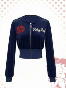 Betty Boop | ROMWE Bộ áo hoodie và quần nhung họa tiết Betty đính đá lấp lánh phong cách Y2K. - Màu xanh hải quân - Xem 3