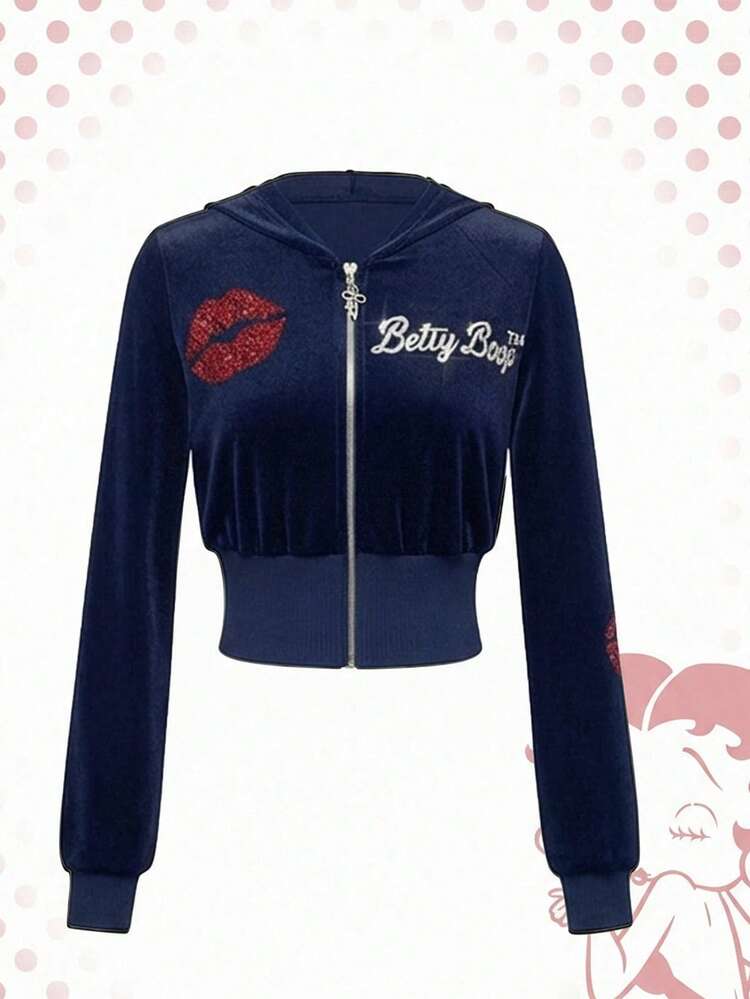 ROMWE Betty Boop ショート丈刺繍ライダースジャケット y2k Betty Boop | ROMWE Women's Y2K Velvet Cartoon Character Red Lip