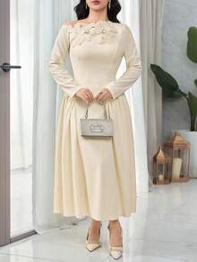 Feyla Women's Oblique Shoulder 3D Applique Long Sleeve Elegant Dress - Apricot - View 5