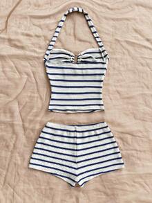 Soleia Women's Vacation Striped Halter Top And Shorts Casual 2 Pieces Set