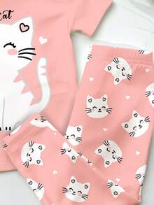SHEIN 两件套女宝宝休闲可爱卡通动物猫咪印花修身圆领短袖上衣和裤子家居服套装，珊瑚粉色，适合夏季、秋季新款、甜美风格、女宝宝秋季时尚、女宝宝舒适、女宝宝日常时尚 - 彩色 - 查看 6