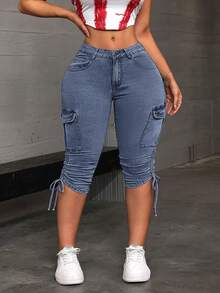 Jeanoix Plus Size Women's Cargo Pocket Drawstring Design Cropped Casual Jeans - Blue - View 2