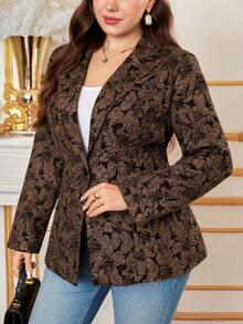SHEIN Clasi 大码女式花卉提花长袖单扣优雅西装外套，适合办公室穿着，春假工作上衣，优雅棕色西装外套，秋季款 - 棕色 - 查看 5
