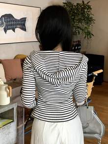 DAZY Women's Striped Long Sleeve Zip-Up Hoodie Casual T-Shirt - White - View 6