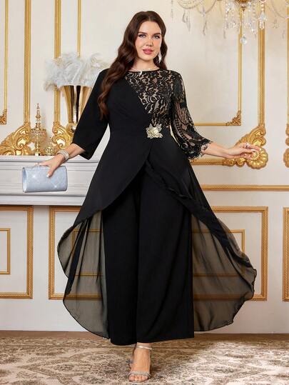 Reflora 大码优雅派对蕾丝拼接连体裤