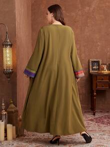 Al Najma Casual Comfortable Print Patchwork Solid Color Long Sleeve Loose Plus Size Women Arabic Maxi Dress, Suitable For All Occasions In Spring And Autumn