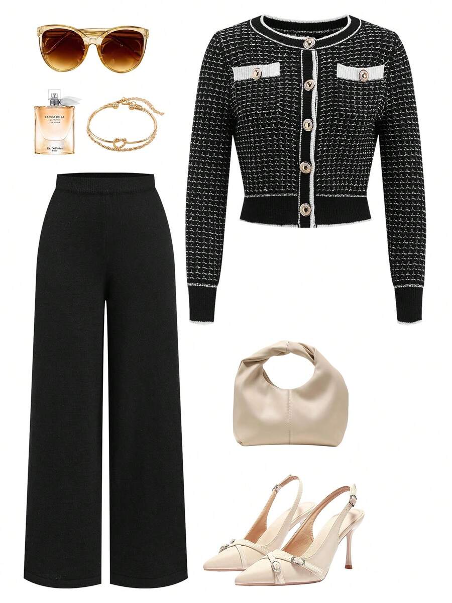 Ellevyn Conjunto de cardigan de manga larga y pantalones de punto con estampado total, ropa cómoda de otoño e invierno para mujeres - Negro - Ver 1