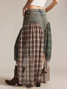 Easelle 女士休闲拼接格纹不对称下摆牛仔裙 - 藍色 - 查看 9